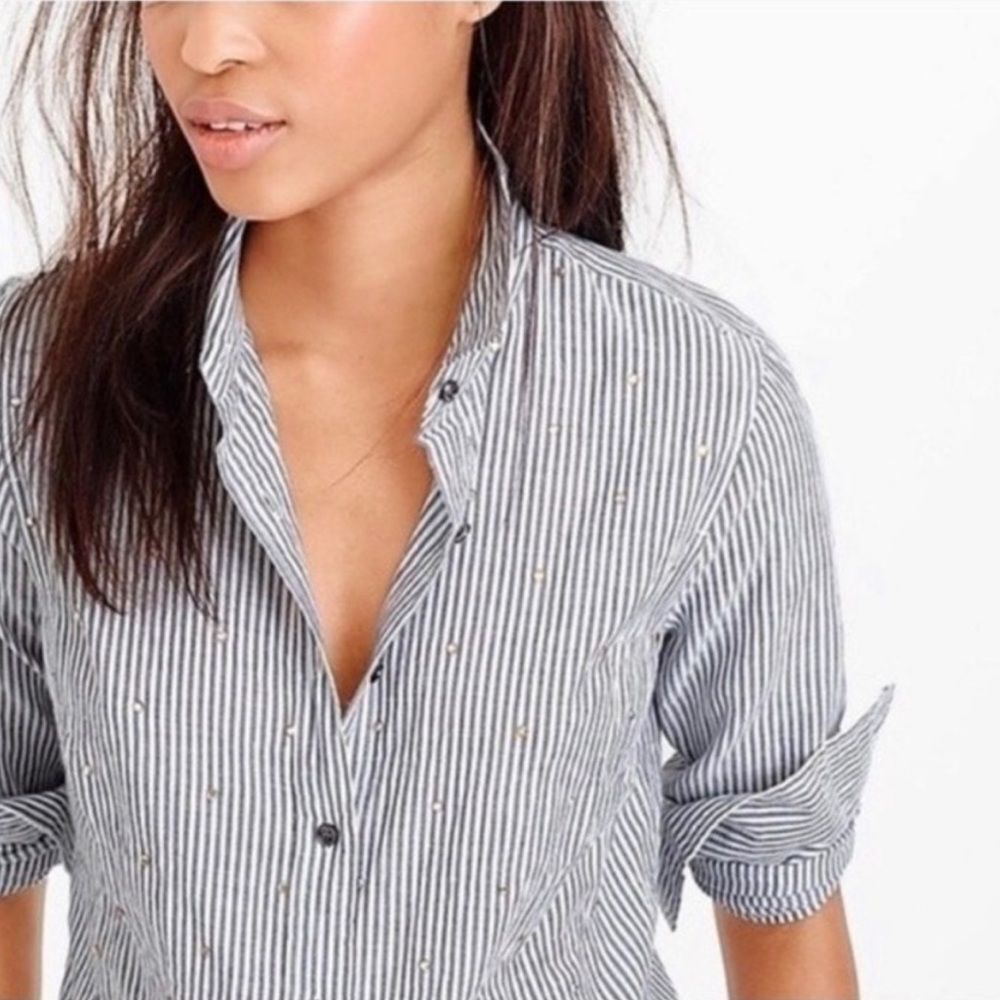 J. Crew Embellished Rhinestone Striped Perfect Button Down Shirt, Size 4 NWOT - Picture 2 of 11